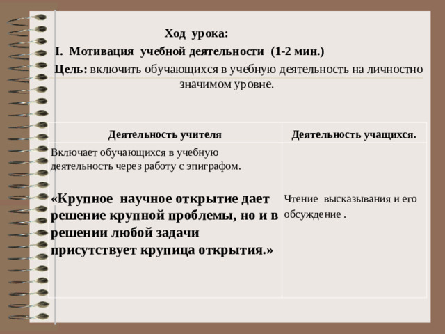 Ход урока:  I. Мотивация учебной деятельности (1-2 мин.)  Цель: включить обучающихся в учебную деятельность на личностно значимом уровне.   Деятельность учителя Деятельность учащихся. Включает обучающихся в учебную деятельность через работу с эпиграфом.  Чтение высказывания и его обсуждение . «Крупное научное открытие дает решение крупной проблемы, но и в решении любой задачи присутствует крупица открытия.»