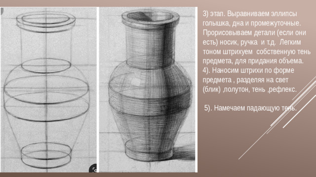 3) этап. Выравниваем эллипсы голышка, дна и промежуточные. Прорисовываем детали (если они есть) носик, ручка и т.д. Легким тоном штрихуем собственную тень предмета, для придания объема.   4). Наносим штрихи по форме предмета , разделяя на свет (блик) ,полутон, тень ,рефлекс.   5). Намечаем падающую тень.