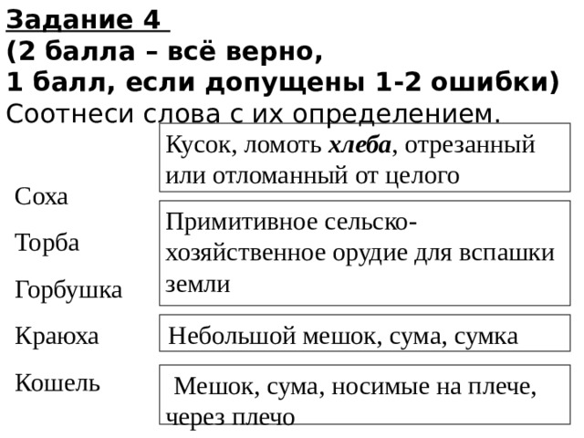 Задание 4 (2 балла – всё верно, 1 балл, если допущены 1-2 ошибки) Соотнеси слова с их определением. Кусок, ломоть  хлеба , отрезанный или отломанный от целого Соха Торба Горбушка Краюха Кошель Примитивное сельско-хозяйственное орудие для вспашки земли  Небольшой мешок, сума, сумка  Мешок, сума, носимые на плече, через плечо