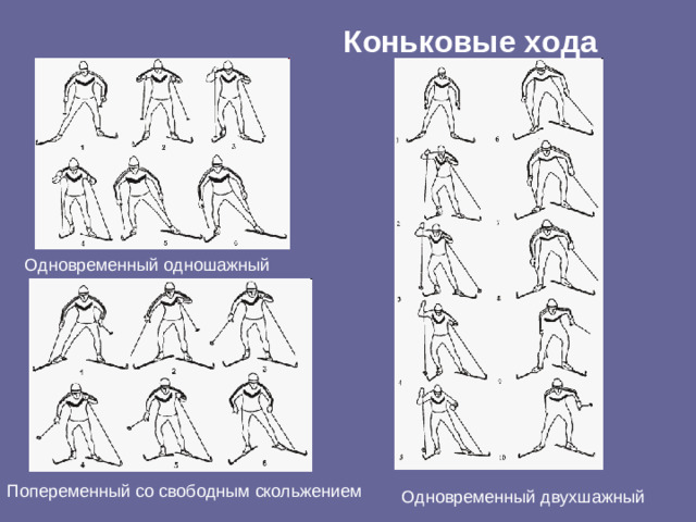 Коньковые хода Одновременный одношажный Попеременный со свободным скольжением Одновременный двухшажный