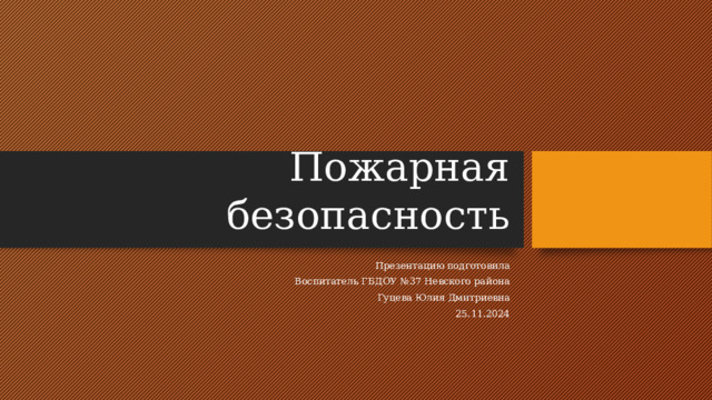 Пожарная безопасность Презентацию подготовила Воспитатель ГБДОУ №37 Невского района Гуцева Юлия Дмитриевна 25.11.2024