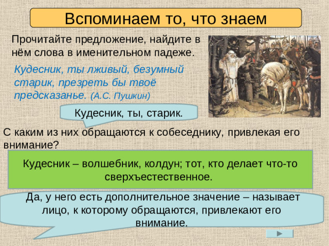 Вспоминаем то, что знаем Прочитайте предложение, найдите в нём слова в именительном падеже. Кудесник, ты лживый, безумный старик, презреть бы твоё предсказанье. (А.С. Пушкин) Кудесник, ты, старик. С каким из них обращаются к собеседнику, привлекая его внимание? Кудесник. Кудесник – волшебник, колдун; тот, кто делает что-то сверхъестественное. Кто такой кудесник? Подберите синонимы к этому слову.  Да, у него есть дополнительное значение – называет лицо, к которому обращаются, привлекают его внимание. Будет ли это слово смысловым отрезком?