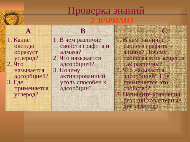 Проверка  знаний  2 ВАРИАНТ А В 1. Какие оксиды образует углерод? 2. Что называется адсорбцией? 3. Где применяется углерод?  С 1. В чем различие свойств графита и алмаза? 2. Что называется адсорбцией? 3. Почему активированный уголь способен к адсорбции? 1. В чем различие свойств графита и алмаза? Почему свойства этих веществ так различны? 2. Что называется адсорбцией? Где применяется это свойство? 3. Напишите уравнения реакций характерные для углерода