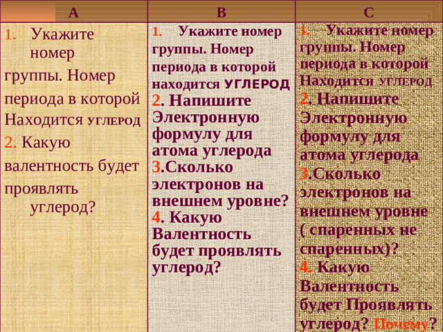 А В Укажите номер С группы. Номер периода в которой Находится УГЛЕРОД 2. Какую валентность будет проявлять углерод? Укажите номер группы. Номер периода в которой находится УГЛЕРОД 2 . Напишите Электронную формулу для атома углерода 3 .Сколько электронов на внешнем уровне? 4 . Какую Валентность будет проявлять углерод? Укажите номер группы. Номер периода в которой Находится  УГЛЕРОД 2 . Напишите Электронную формулу для атома углерода 3 .Сколько электронов на внешнем уровне ( спаренных не спаренных)? 4. Какую Валентность будет Проявлять углерод? Почему ?