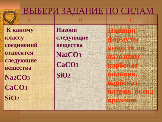 ВЫБЕРИ ЗАДАНИЕ ПО СИЛАМ А В  К какому классу соединений относятся следующие вещества Na 2 CO 3 СаСО 3 SiO 2  С Назови следующие вещества : Na 2 CO 3 СаСО 3 SiO 2  Напиши формулы веществ по названию: карбонат кальция, карбонат натрия, оксид кремния