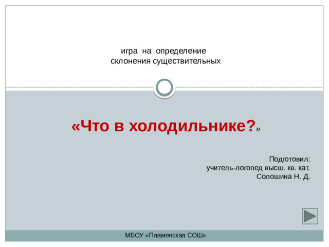 игра на определение склонения существительных «Что в холодильнике? » Подготовил: учитель-логопед высш. кв. кат. Солошина Н. Д. МБОУ «Пламенская СОШ»