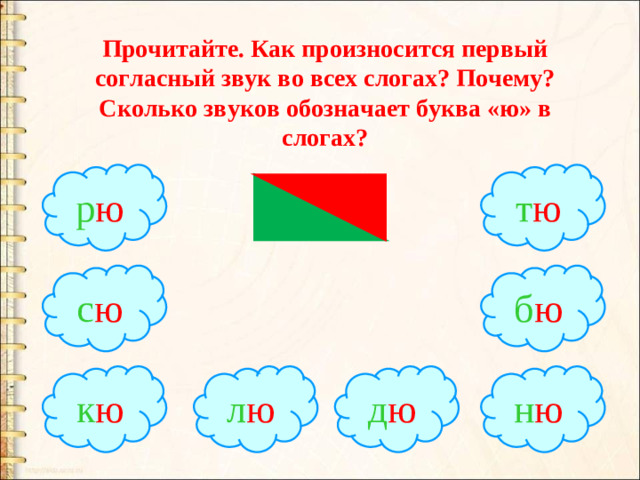 Прочитайте. Как произносится первый согласный звук во всех слогах? Почему? Сколько звуков обозначает буква «ю» в слогах? р ю т ю с ю б ю н ю л ю д ю к ю