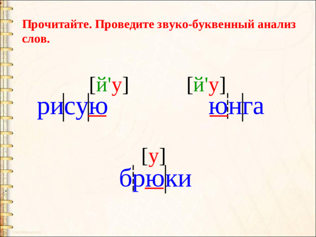 Прочитайте. Проведите звуко-буквенный анализ слов. [ й' у ] [ й' у ] рисую юнга [ у ] брюки