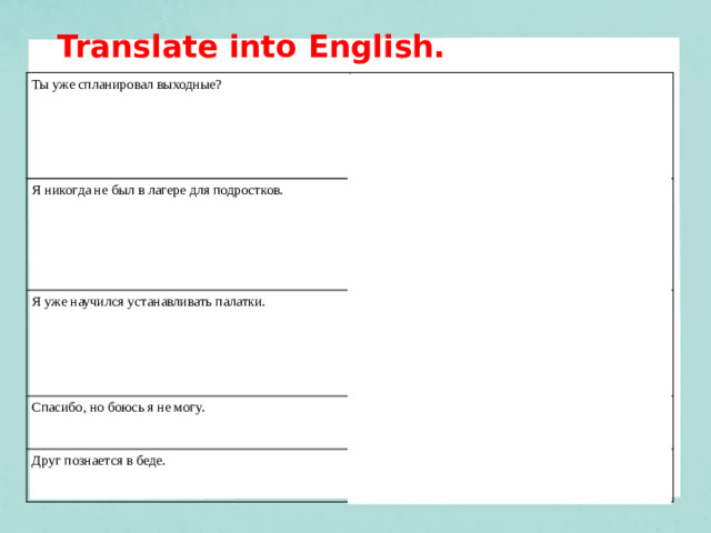 Translate into English.   Ты уже спланировал выходные? Have you planned your weekend yet? Я никогда не был в лагере для подростков. I have never been to a teen camp. Я уже научился устанавливать палатки. I have already learnt how to put up a tent. Спасибо, но боюсь я не могу. Thanks, but I’m afraid I can’t. Друг познается в беде. A friend in need is a friend indeed.