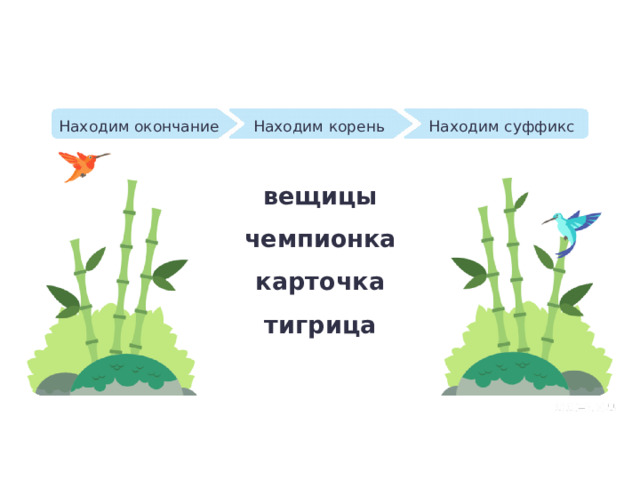 Находим окончание Находим суффикс Находим корень Первичное применение — Прочитайте задание. Для чего его нужно выполнять? — Что дано в задании? Что нужно получить в результате? — Как вы будете выполнять задание? Что сделаете сначала? А потом? — Приступайте к выполнению задания. вещицы чемпионка карточка тигрица