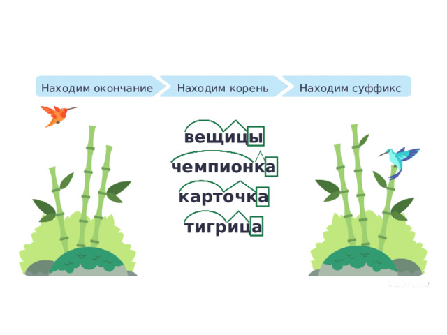 Находим корень Находим окончание Находим суффикс Проверка — Давайте проверим выполнение задания. Обменяйтесь тетрадями с соседом по парте. Сравните работу в тетради с образцом на экране. Поставьте «+», если суффикс нашли правильно, и «–», если неправильно. — По какому критерию оценим свою работу? (Учитель записывает критерии оценки на доску.) — Как будем оценивать? — Какой вывод можно сделать по вашей оценке? — Что же нужно сделать, чтобы количество ошибок уменьшилось? вещицы чемпионка карточка тигрица