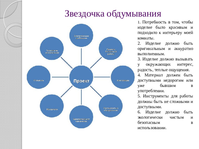 Звездочка обдумывания   1 . Потребность в том, чтобы изделие было красивым и подходило к интерьеру моей комнаты. 2. Изделие должно быть оригинальным и аккуратно выполненным. 3. Изделие должно вызывать у окружающих интерес, радость, теплые ощущения. 4. Материал должен быть доступными недорогим или уже бывшим в употреблении. 5. Инструменты для работы должны быть не сложными и доступными. 6. Изделие должно быть экологически чистым и безопасным в использовании .