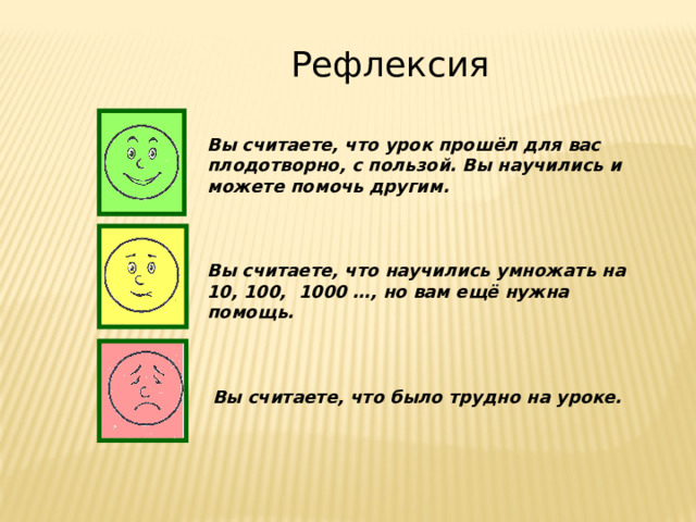 Рефлексия Вы считаете, что урок прошёл для вас плодотворно, с пользой. Вы научились и можете помочь другим. Вы считаете, что научились умножать на 10, 100, 1000 …, но вам ещё нужна помощь. Вы считаете, что было трудно на уроке.