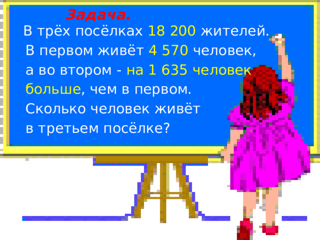 Задача.  В трёх посёлках 18 200 жителей.  В первом живёт 4 570 человек,  а во втором - на 1 635 человек  больше , чем в первом.  Сколько человек живёт  в третьем посёлке?