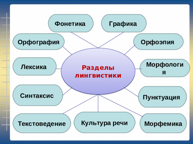 Графика  Фонетика  Орфография Орфоэпия Разделы лингвистики Лексика Морфология Синтаксис Пунктуация Культура речи Морфемика Текстоведение