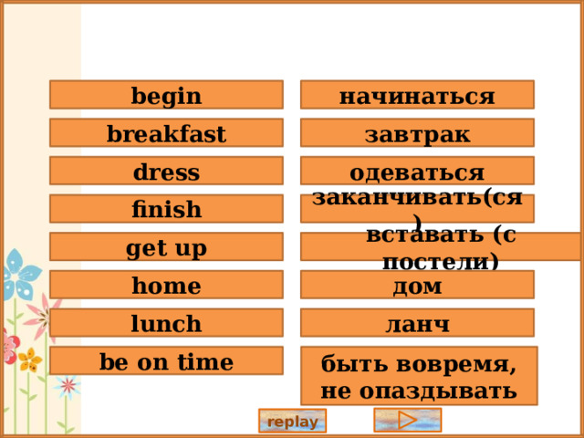 начинаться begin breakfast завтрак dress одеваться заканчивать(ся) finish get up вставать (с постели) home дом lunch ланч быть вовремя, не опаздывать be on time replay