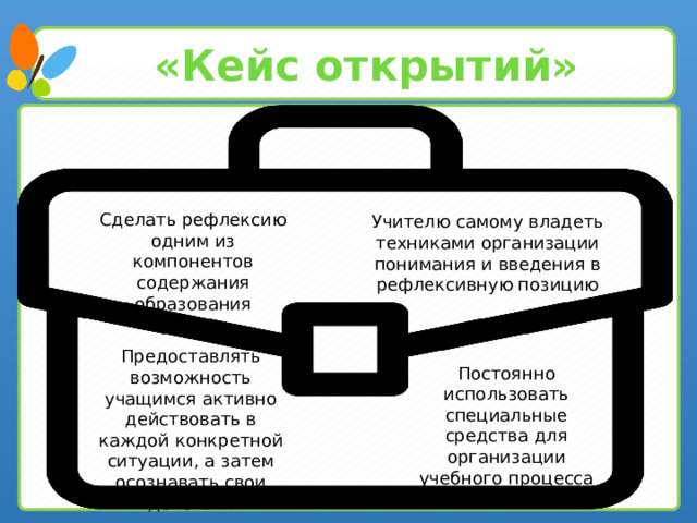 «Кейс открытий» Сделать рефлексию одним из компонентов содержания образования Учителю самому владеть техниками организации понимания и введения в рефлексивную позицию Предоставлять возможность учащимся активно действовать в каждой конкретной ситуации, а затем осознавать свои действия Постоянно использовать специальные средства для организации учебного процесса