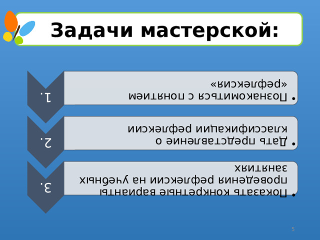 1. Познакомиться с понятием «рефлексия» Познакомиться с понятием «рефлексия» 2. Дать представление о классификации рефлексии Дать представление о классификации рефлексии 3. Показать конкретные варианты проведения рефлексии на учебных занятиях Показать конкретные варианты проведения рефлексии на учебных занятиях Задачи мастерской: 4