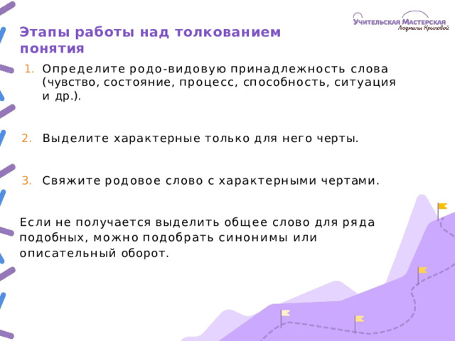 Этапы  работы  над  толкованием  понятия Определите  родо- видовую  принадлежность  слова  (чувство, состояние,  процесс,  способность,  ситуация  и  др.). Выделите  характерные  только  для  него  черты. Свяжите  родовое  слово  с  характерными  чертами. Если  не  получается  выделить  общее  слово  для  ряда  подобных, можно  подобрать  синонимы  или  описательный  оборот.