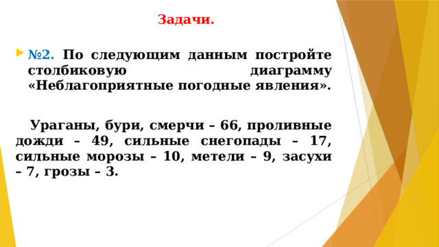 Задачи. № 2. По следующим данным постройте столбиковую диаграмму «Неблагоприятные погодные явления».   Ураганы, бури, смерчи – 66, проливные дожди – 49, сильные снегопады – 17, сильные морозы – 10, метели – 9, засухи – 7, грозы – 3.