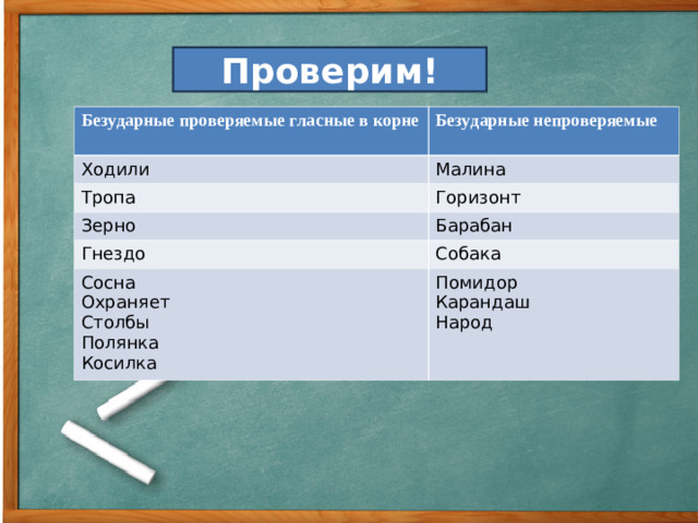 Проверим! Безударные проверяемые гласные в корне  Безударные непроверяемые  Ходили Малина Тропа Горизонт Зерно Барабан Гнездо Собака Сосна Охраняет Столбы Полянка Косилка Помидор Карандаш Народ