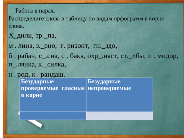 Работа в парах. Распределите слова в таблицу по видам орфограмм в корне слова. Х_дили, тр._па,  м . лина, з._рно,  г. ризонт,  гн._здо,  б . рабан, с_.сна, с . бака, охр_.няет, ст._лбы, п . мидор, п_.лянка, к._силка, н . род, к . рандаш. Безударные проверяемые гласные в корне   Безударные непроверяемые    