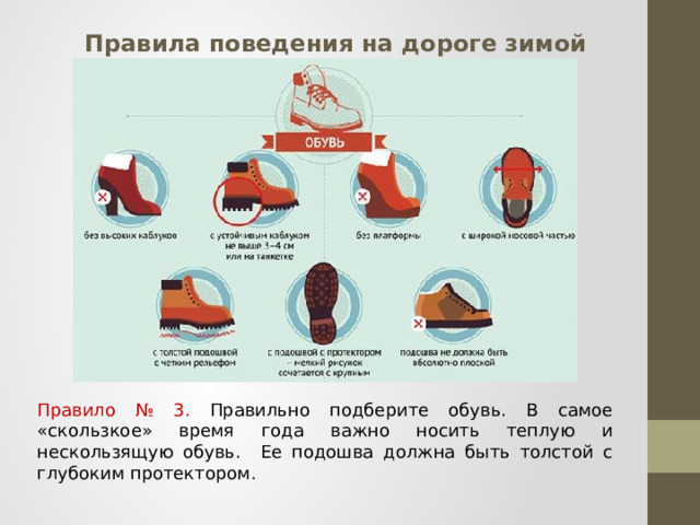 Правила поведения на дороге зимой Правило № 3. Правильно подберите обувь. В самое «скользкое» время года важно носить теплую и нескользящую обувь. Ее подошва должна быть толстой с глубоким протектором.