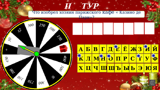 II ТУР Что изобрел хозяин парижского кафе « Казино де Пари»? И Т Т Ф Е Н О К И Б Ё Д Г В З Ж Й Е А Р Ф У К Л М Н О П С Т Ш Ъ Щ Х Ц Ч Я Ю Э Ь Ы