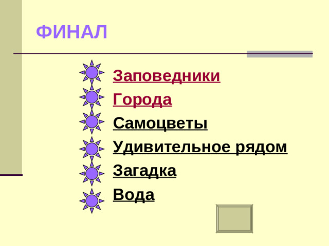 ФИНАЛ Заповедники Города Самоцветы Удивительное рядом Загадка Вода