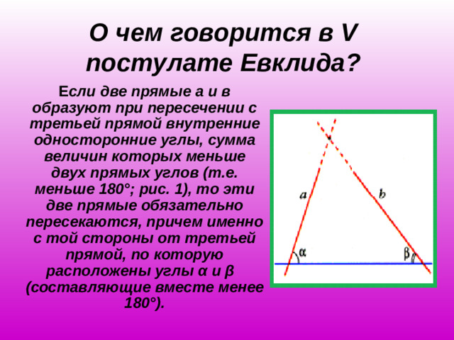 О чем говорится в V постулате Евклида? Е сли две прямые а и в образуют при пересечении с третьей прямой внутренние односторонние углы, сумма величин которых меньше двух прямых углов (т.е. меньше 180°; рис. 1), то эти две прямые обязательно пересекаются, причем именно с той стороны от третьей прямой, по которую расположены углы α и β (составляющие вместе менее 180°).