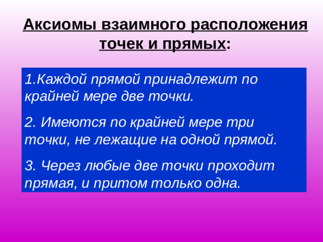 Аксиомы взаимного расположения точек и прямых : 1.Каждой прямой принадлежит по крайней мере две точки. 2. Имеются по крайней мере три точки, не лежащие на одной прямой. 3. Через любые две точки проходит прямая, и притом только одна.