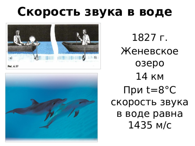 Скорость звука в воде 1827 г. Женевское озеро 14 км При t=8°C скорость звука в воде равна 1435 м/с