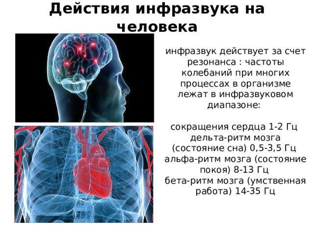 Действия инфразвукa на человека инфразвук действует за счет резонанса : частоты колебаний при многих процессах в организме лежат в инфразвуковом диапазоне:    сокращения сердца 1-2 Гц   дельта-ритм мозга (состояние сна) 0,5-3,5 Гц   альфа-ритм мозга (состояние покоя) 8-13 Гц   бета-ритм мозга (умственная работа) 14-35 Гц