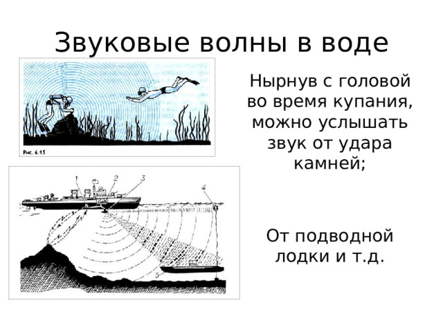 Звуковые волны в воде Нырнув с головой во время купания, можно услышать звук от удара камней; От подводной лодки и т.д.