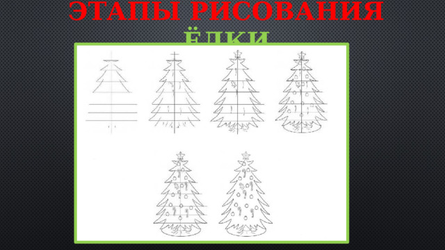 Этапы рисования ёлки От неё выведите вниз две плавные линии в разные стороны.