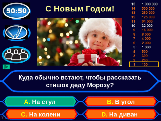 С Новым Годом! Куда обычно встают, чтобы рассказать стишок деду Морозу? А. На стул B. В угол D. На диван C. На колени