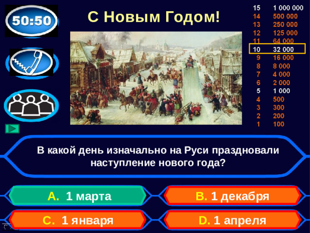 С Новым Годом! В какой день изначально на Руси праздновали наступление нового года? А. 1 марта B. 1 декабря D. 1 апреля C. 1 января