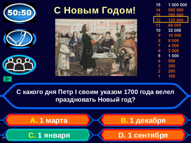 С Новым Годом! С какого дня Петр I своим указом 1700 года велел праздновать Новый год? А. 1 марта B.  1 декабря D. 1 сентября C. 1 января