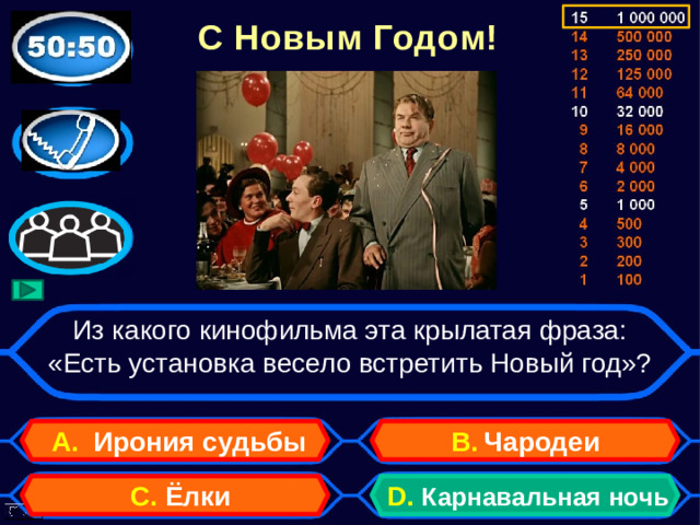 С Новым Годом! Из какого кинофильма эта крылатая фраза: «Есть установка весело встретить Новый год»? А. Ирония судьбы B.  Чародеи D.  Карнавальная ночь C. Ёлки