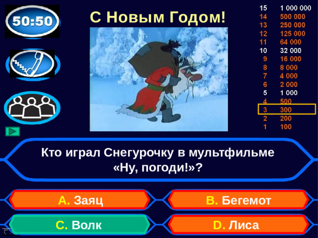 С Новым Годом! Кто играл Снегурочку в мультфильме «Ну, погоди!»? А. Заяц B. Бегемот C. Волк D. Лиса