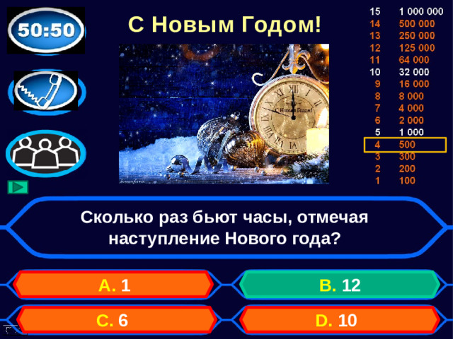 С Новым Годом! Сколько раз бьют часы, отмечая наступление Нового года? А. 1 B. 12 D. 10 C. 6