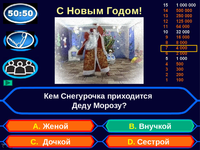 С Новым Годом! Кем Снегурочка приходится  Деду Морозу? А. Женой B. Внучкой D. Сестрой C. Дочкой