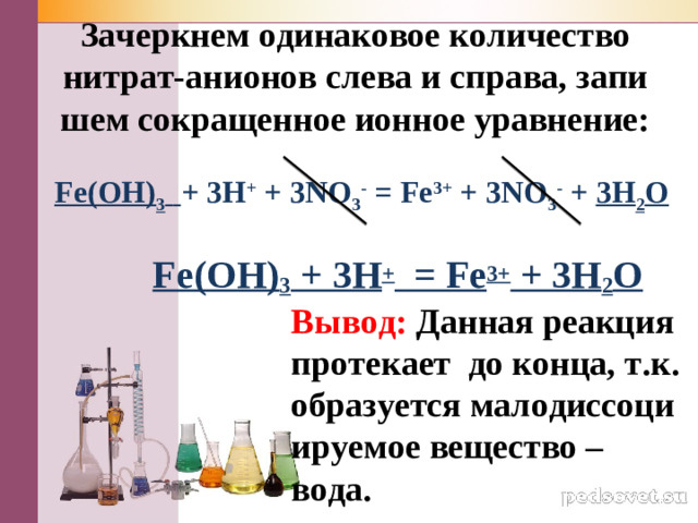 За­черк­нем оди­на­ко­вое ко­ли­че­ство нит­рат-ани­о­нов слева и спра­ва, за­пи­шем со­кра­щен­ное ион­ное урав­не­ние: Fe(OH) 3   + 3H + + 3NO 3 - = Fe 3+ + 3NO 3 - + 3H 2 O Fe(OH) 3 + 3H +   = Fe 3+ + 3H 2 O Вывод: Дан­ная ре­ак­ция про­те­ка­ет  до конца, т.к. об­ра­зу­ет­ся ма­ло­дис­со­ци­и­ру­е­мое ве­ще­ство – вода.