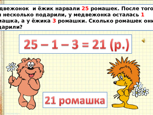 Медвежонок и ёжик нарвали 25 ромашек. После того как они несколько подарили, у медвежонка осталась 1  ромашка, а у ёжика 3 ромашки. Сколько ромашек они подарили?