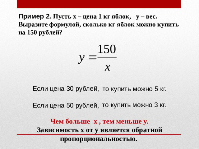 Пример 2. Пусть x – цена 1 кг яблок, y – вес. Выразите формулой, сколько кг яблок можно купить на 150 рублей?  Если цена 30 рублей, то купить можно 5 кг. то купить можно 3 кг. Если цена 50 рублей, Чем больше x , тем меньше y.  Зависимость х от у является обратной пропорциональностью.