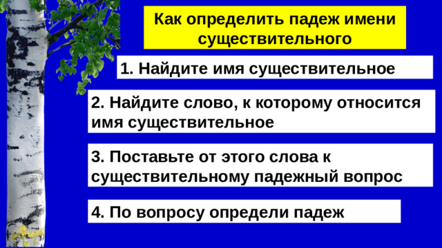 Как определить падеж имени существительного 1. Найдите имя существительное 2. Найдите слово, к которому относится имя существительное 3. Поставьте от этого слова к существительному падежный вопрос 4. По вопросу определи падеж