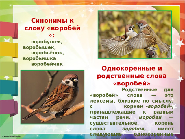 Синонимы к слову «воробей»:   воробушек, воробышек,  воробьёнок, воробьишка  воробейчик   Однокоренные и родственные слова «воробей»  Родственные для «воробей» слова — это лексемы, близкие по смыслу, с корнем  –воробей– , принадлежащие к разным частям речи. Воробей — существительное, корень слова — воробей , имеет следующие однокоренные слова: воробка, воробушек, воробышек, воробьиный, воробьиха, воробейка.