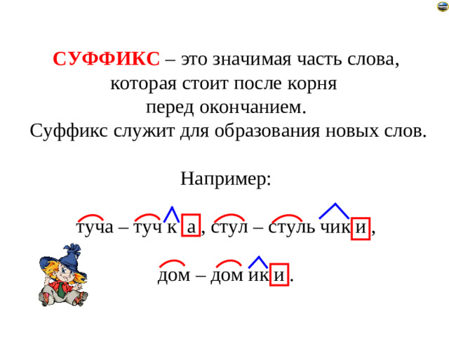 СУФФИКС – это значимая часть слова, которая стоит после корня перед окончанием.  Суффикс служит для образования новых слов. Например: туча – туч к а , стул – стуль чик и , дом – дом ик и .