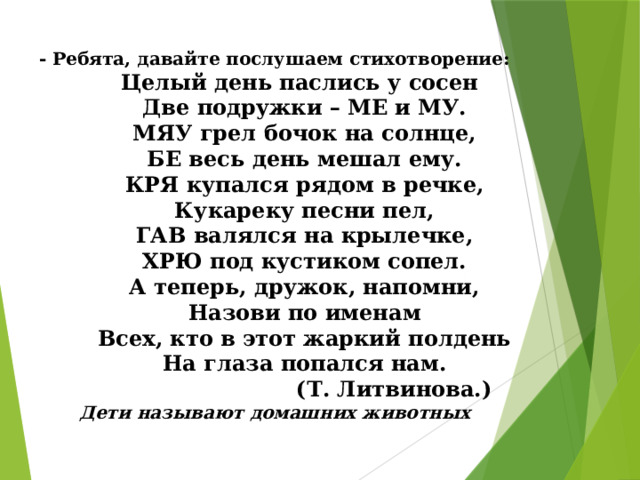 - Ребята, давайте послушаем стихотворение:          Целый день паслись у сосен          Две подружки – МЕ и МУ.          МЯУ грел бочок на солнце,          БЕ весь день мешал ему.          КРЯ купался рядом в речке,          Кукареку песни пел,          ГАВ валялся на крылечке,          ХРЮ под кустиком сопел.          А теперь, дружок, напомни,          Назови по именам          Всех, кто в этот жаркий полдень          На глаза попался нам.                                  (Т. Литвинова.) Дети называют домашних животных