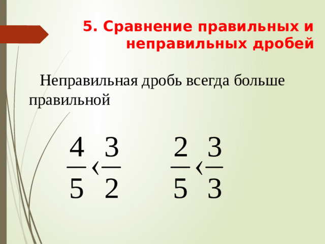 5. Сравнение правильных и неправильных дробей  Неправильная дробь всегда больше правильной